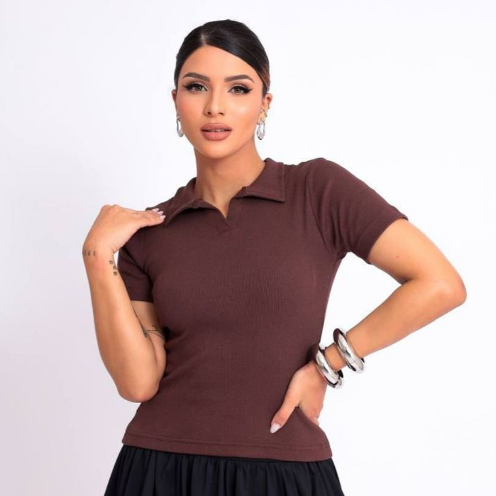 Blusa Feminino Polo Ribana Algodão Básico Casual