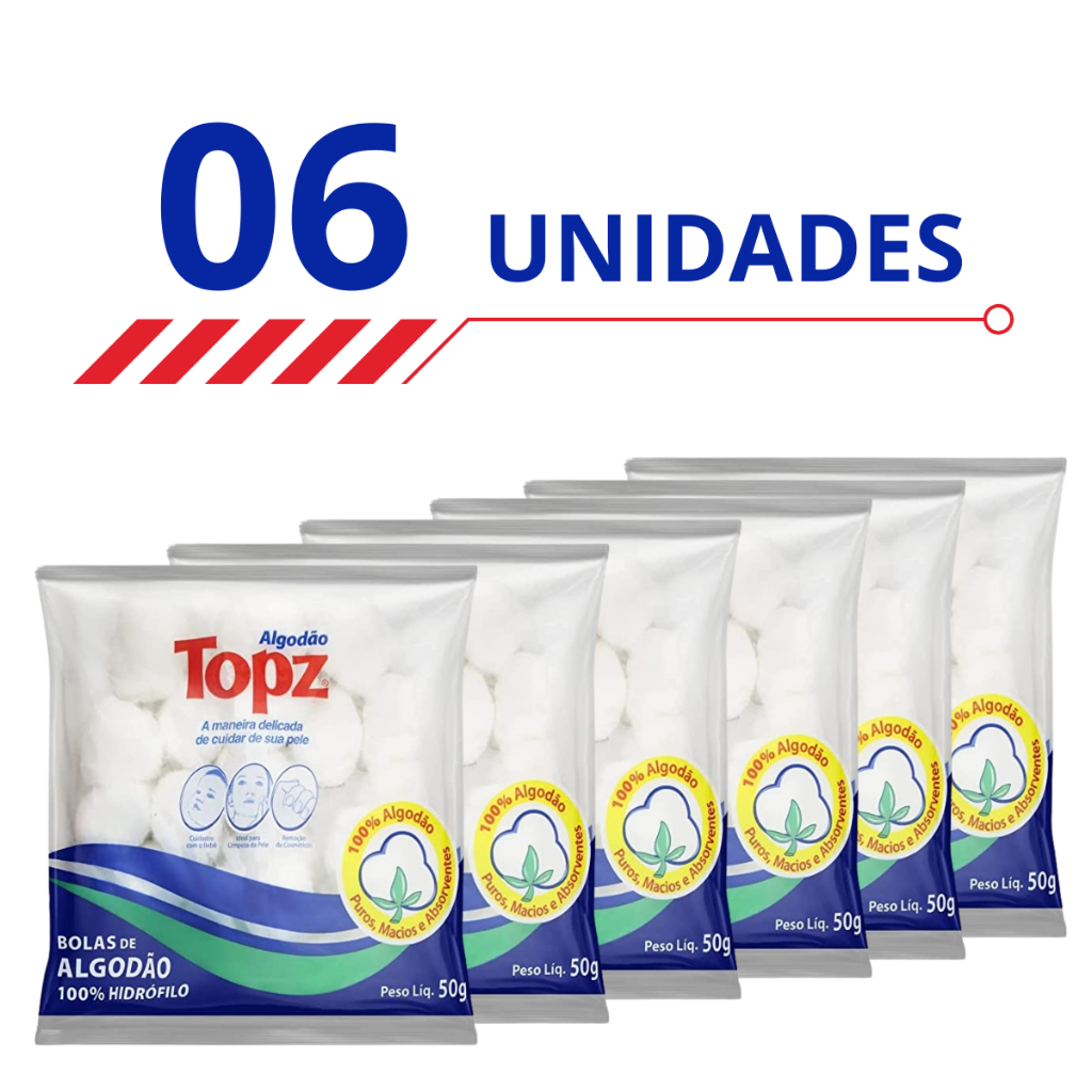 Kit 6 Algodão Topz em Bolas Hidrófilos Puros Macios e Absorventes 50g