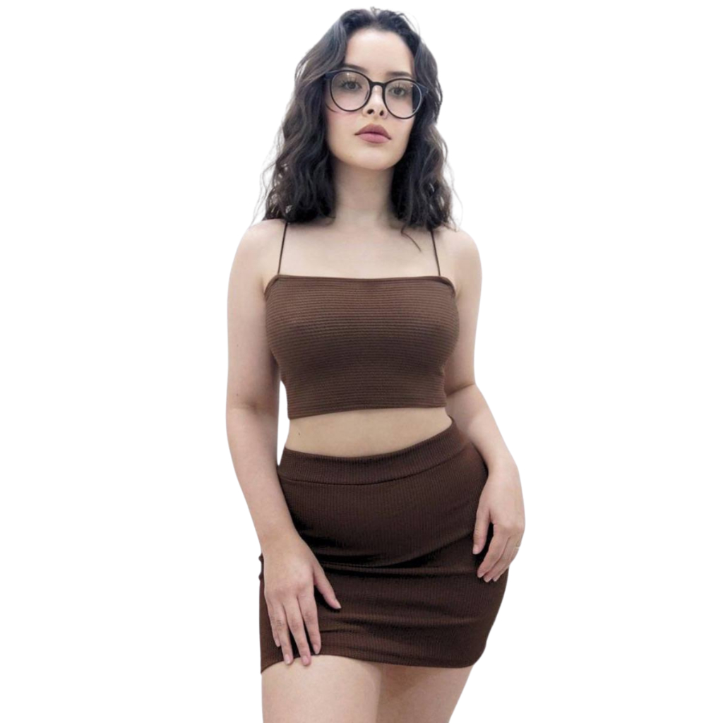 Conjunto Feminino Saia e Top com alças finas Anarruga tecido grosso