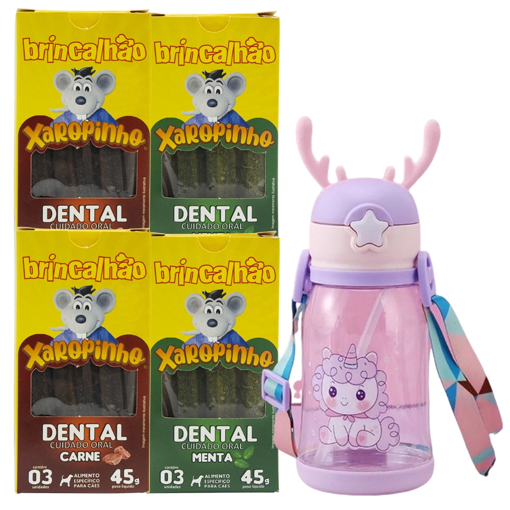 Kit 04 Snacks Cães Petisco Limpeza Dental Xaropinho Brincalhão + Brinde Garrafinha