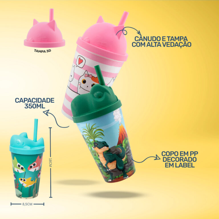 Copo Infantil Com Tampa 3D e Canudo 350ml Kit 8pç