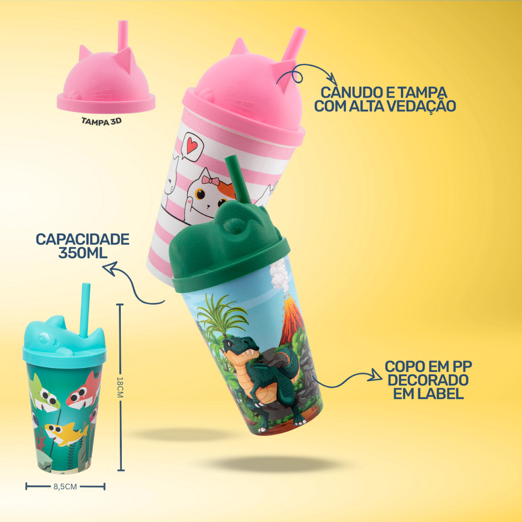 Copo Infantil Com Tampa 3D e Canudo 350ml Kit 8pçs Linha Animais Copo para Criança