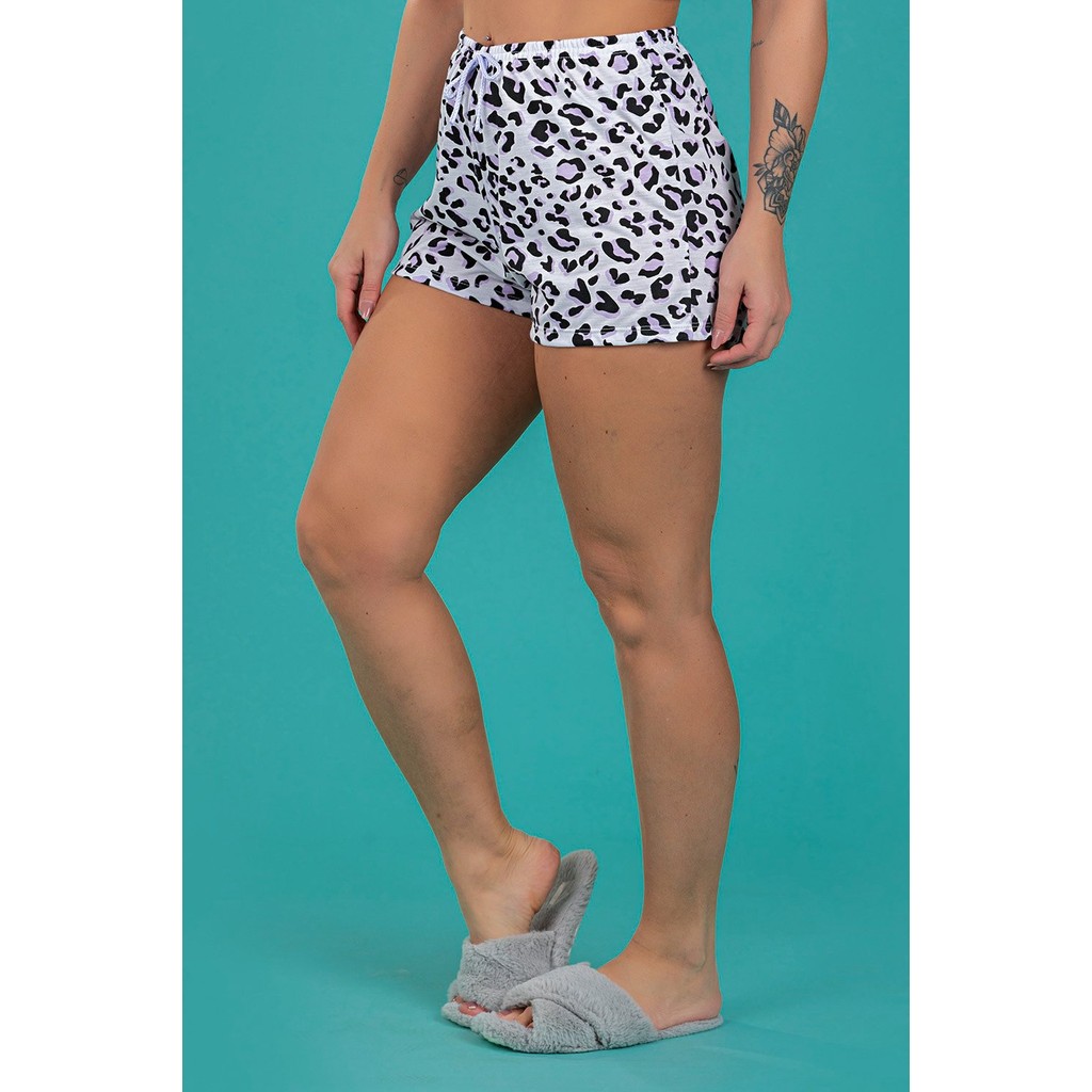 Shorts De Pijama Feminino Animal Print Lilás Verão Confortável