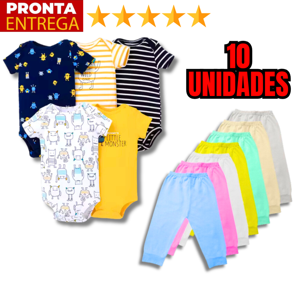 Kit 10 Peças Roupinha de Bebê Body Curto Estampado e Mijão Infantil