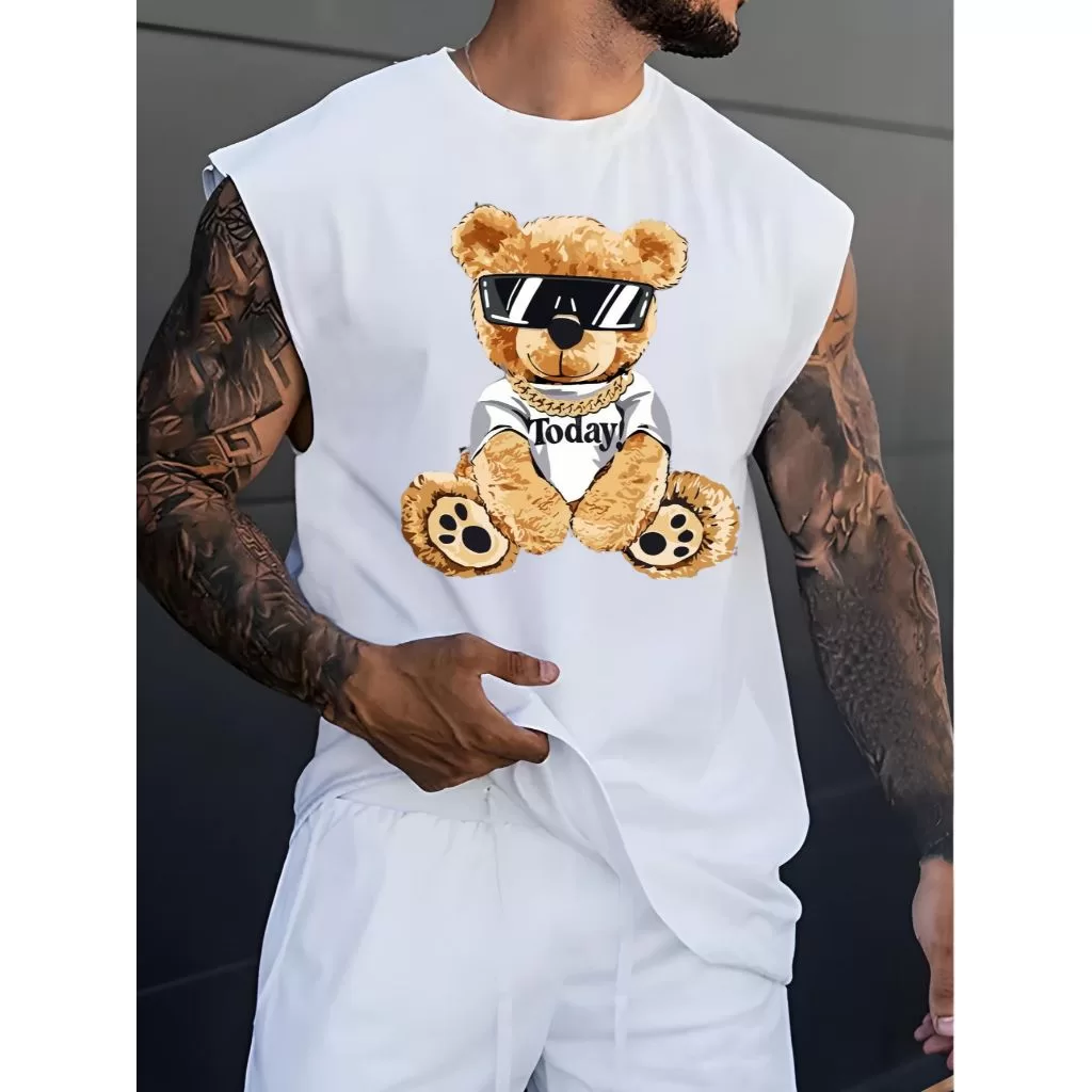 Camiseta Regata Oversized Branca Ano Novo Today Urso Streetwear Sport Ajuste Amplo e Confortável