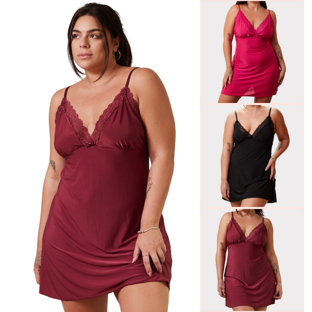 Camisola Plus Size Renda Delicada Confortável Alcinha Regulável Vestido de Dormir Pijama 50 a 54