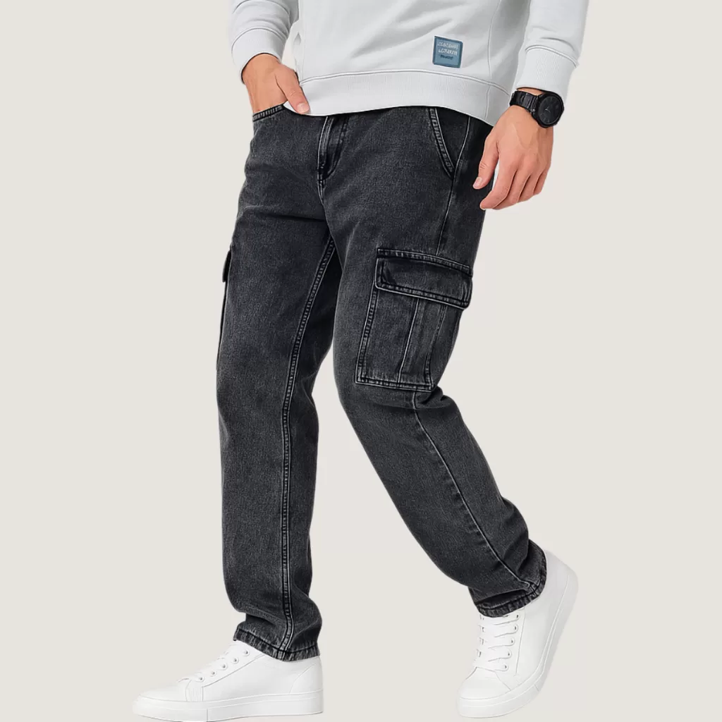 Calça Jeans Cargo Masculina Baggy Grafite 100% Algodão Cintura Elástica com Cordão Masculino Streetw