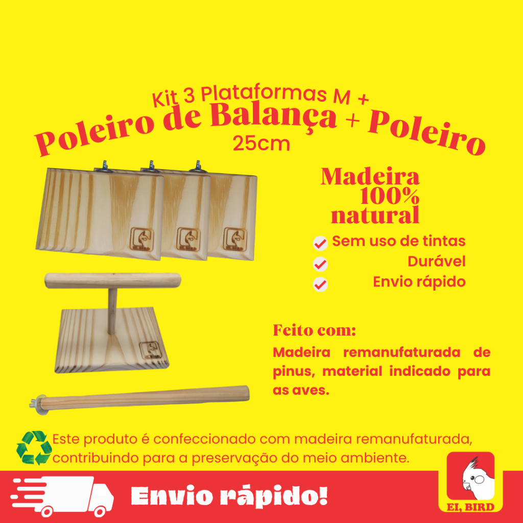 Kit 3 Plataformas M, 1 Poleiro de Balança e 1 Poleiro 25cm para Calopsita, e Outros Psitacídeos