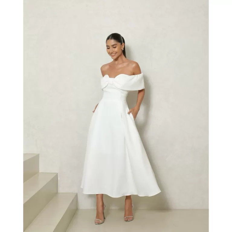 Vestido Midi Ombro a Ombro Casamento Civil, Pré w