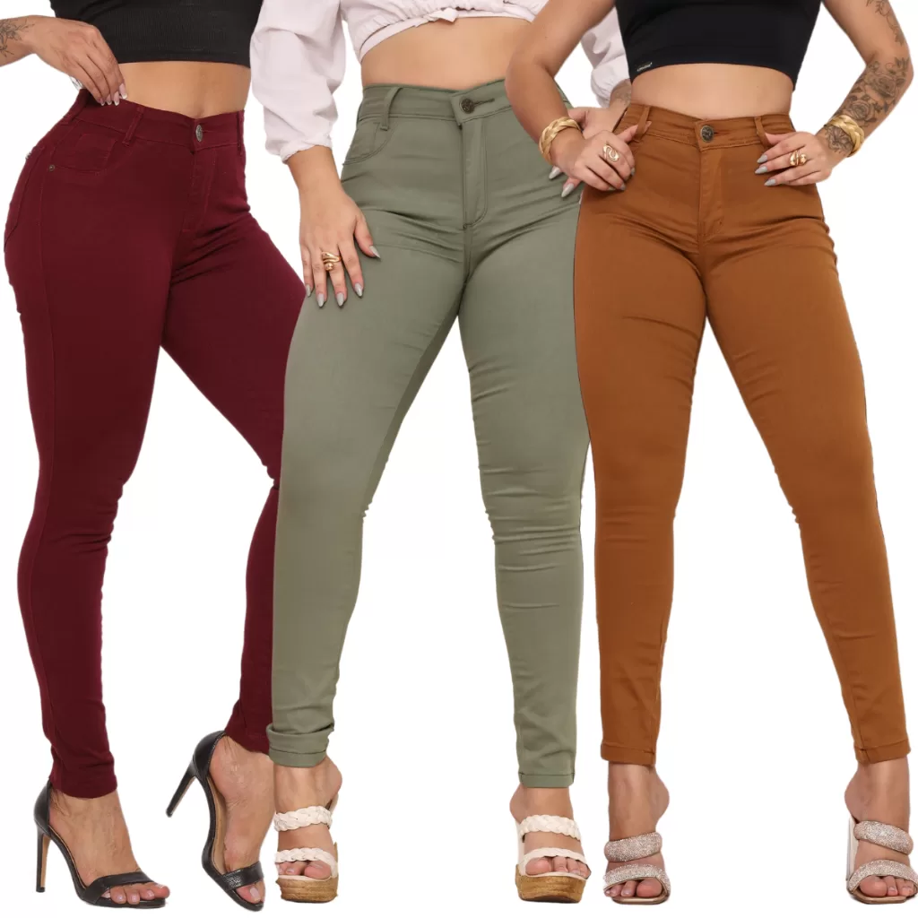 Kit 3 Calças Jeans Feminina Skinny Cintura Alta Lycra | Modela Barriga | Vinho Caramelo Marsala
