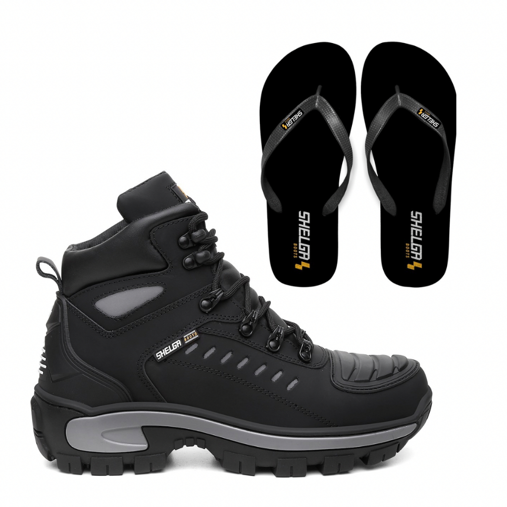 BOTA MOTOQUEIRO COURO NOBRE CONFORTO PALMILHA EM GEL ENVIO RAPIDO SHELGA BOOTS + CHINELO BASIC