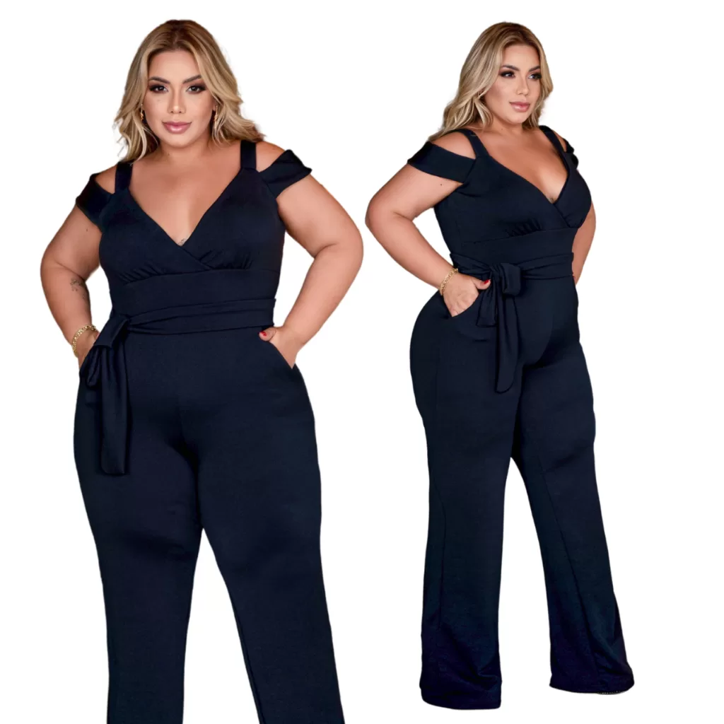 Macacão Longo Plus Size Social Casual Premier Curve do GG ao G4 Ombro a Ombro Com Alça e Cinto Multi