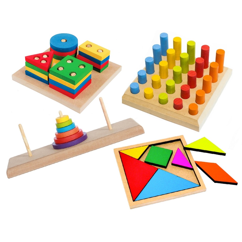 Kit 4 Brinquedo Educativo Montessori Torre de Hanói, Tangram, Pinos, Geométricas TDAH TEA MDF e EVA