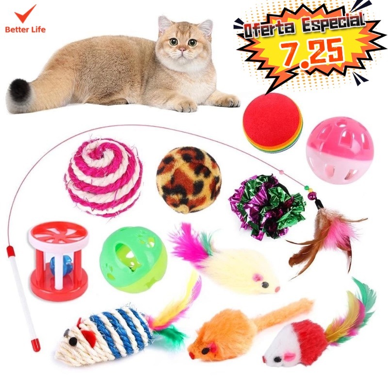 Kit 7 Brinquedos Sortidos Para Gatos Ratinho Bolinha e Varinha Gatinho  O -BT