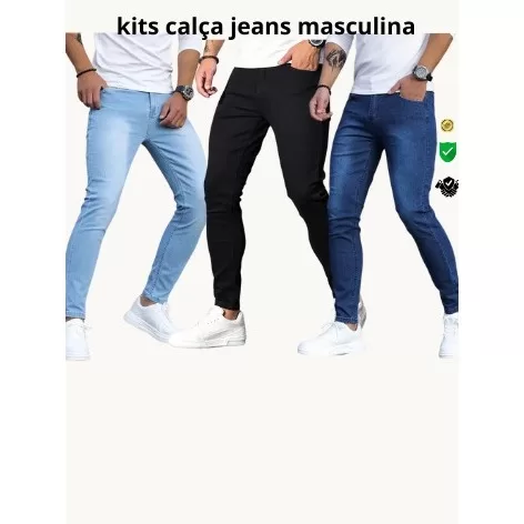 Kit 3 calças jeans masculina com elastano promoç