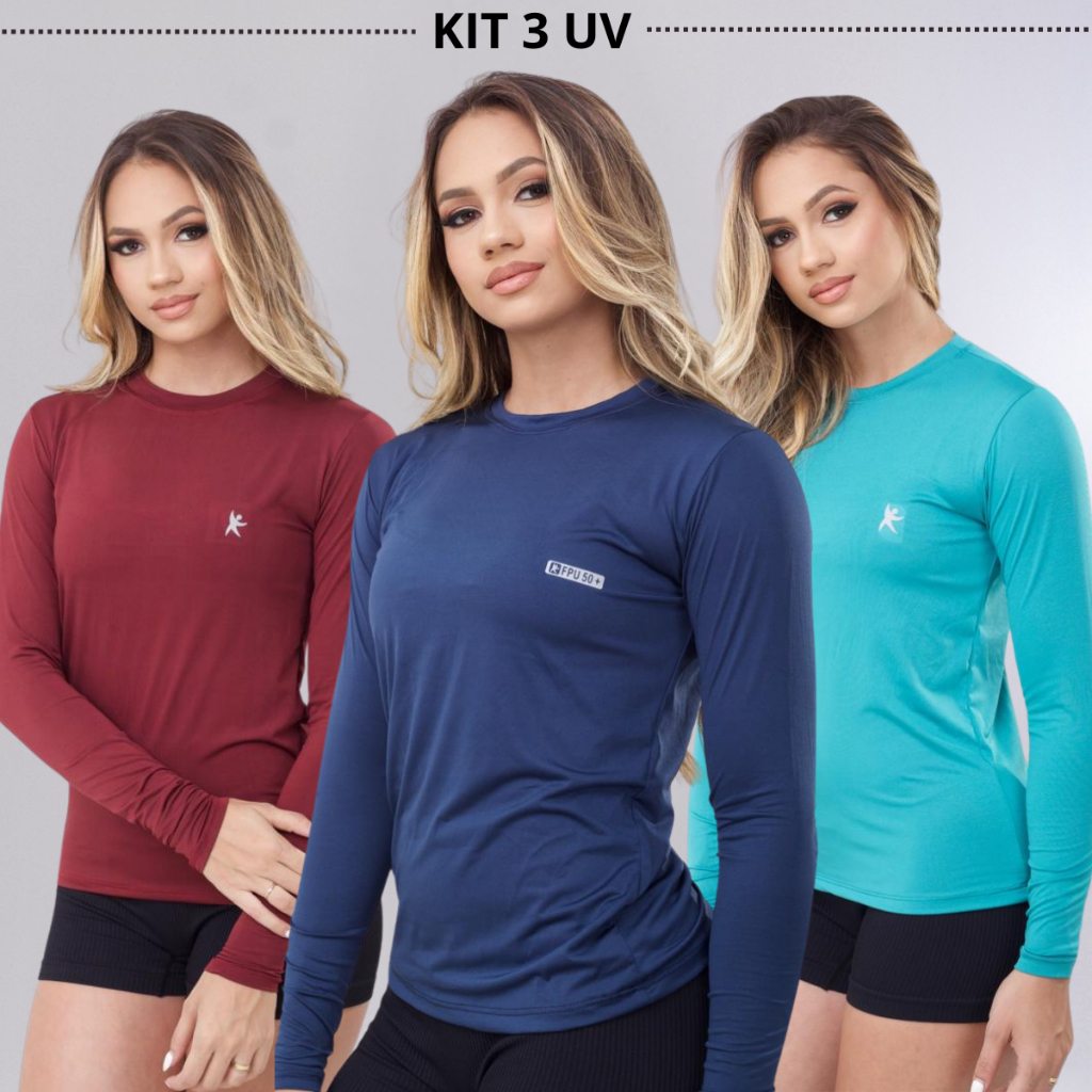 kIT 3 Camisa Térmica Feminina Proteção Uv 50+ Segunda Pele Camiseta Malha Fria MangaLonga UV