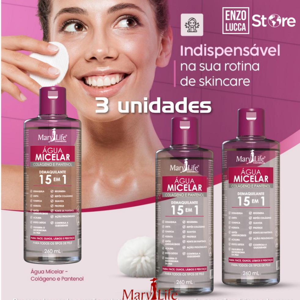 Kit 3 Unid Água Micelar Colágeno e Pantenol 15 em 1 260mL Mary Life