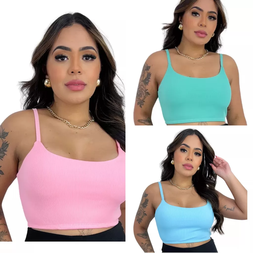Kit 3 Cropped Alçinha Fina C/ Forro Azul, Verde Água E Rosa