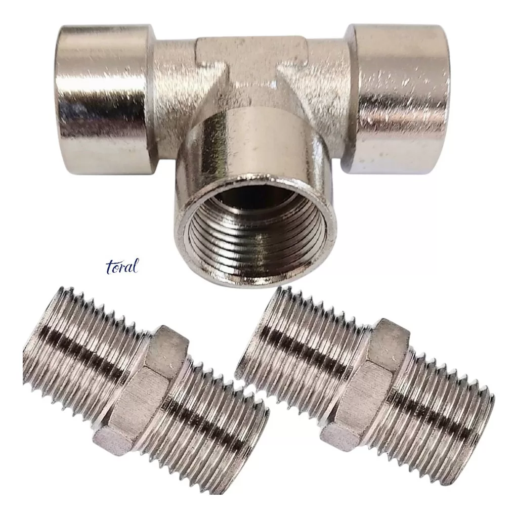 Conexão União Tee Latão Fêmea Rosca 1/4 Bsp + 2 Niples 1/4