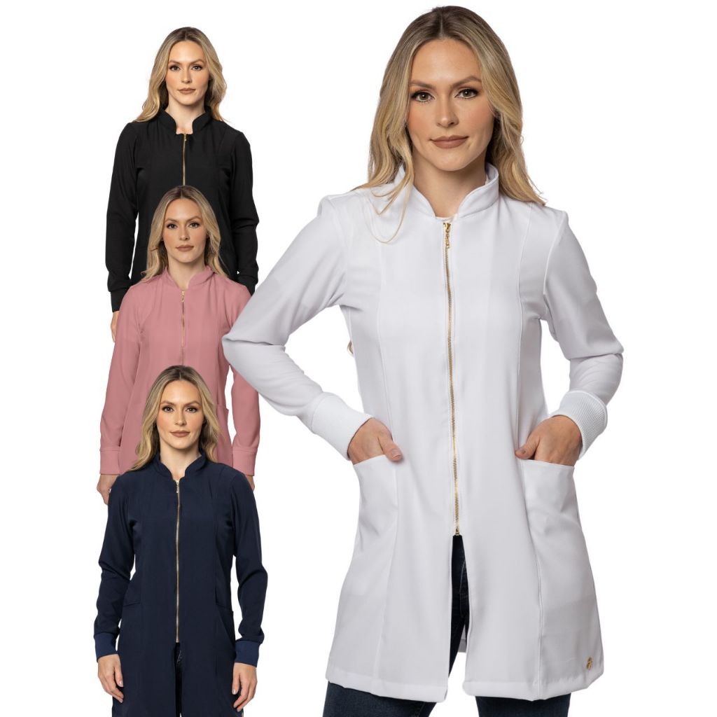 Jaleco Feminino Manga Longa Enfermagem  Medicina com Zíper 4 Cores