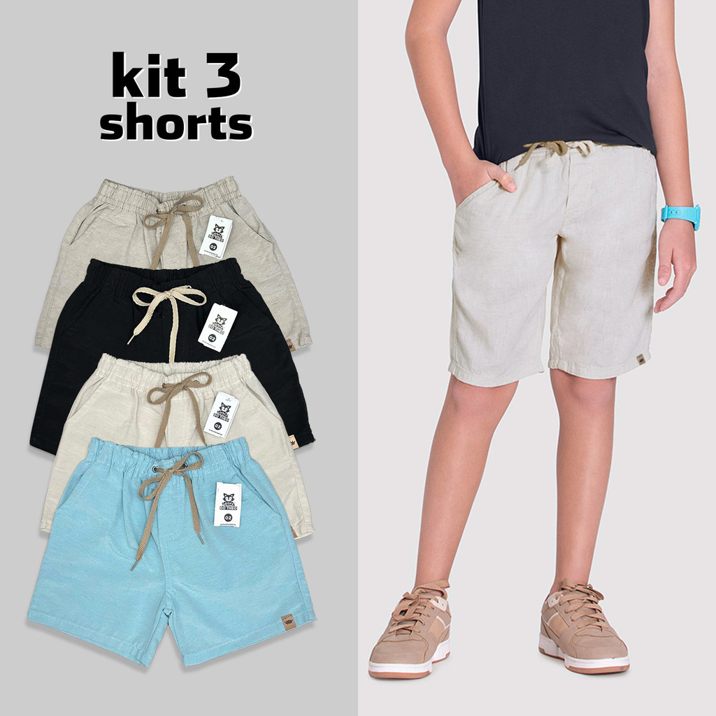 Kit 3 Bermudas Infantil Linho Menino Short Juvenil Premium