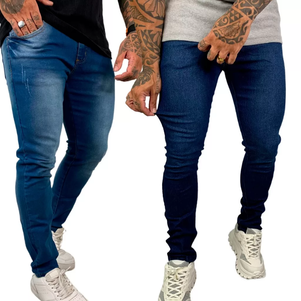 Kit Calças Masculina Jeans Skinny Com Lisa Lycra Básica Cor Médio e Escuro A- 133/140