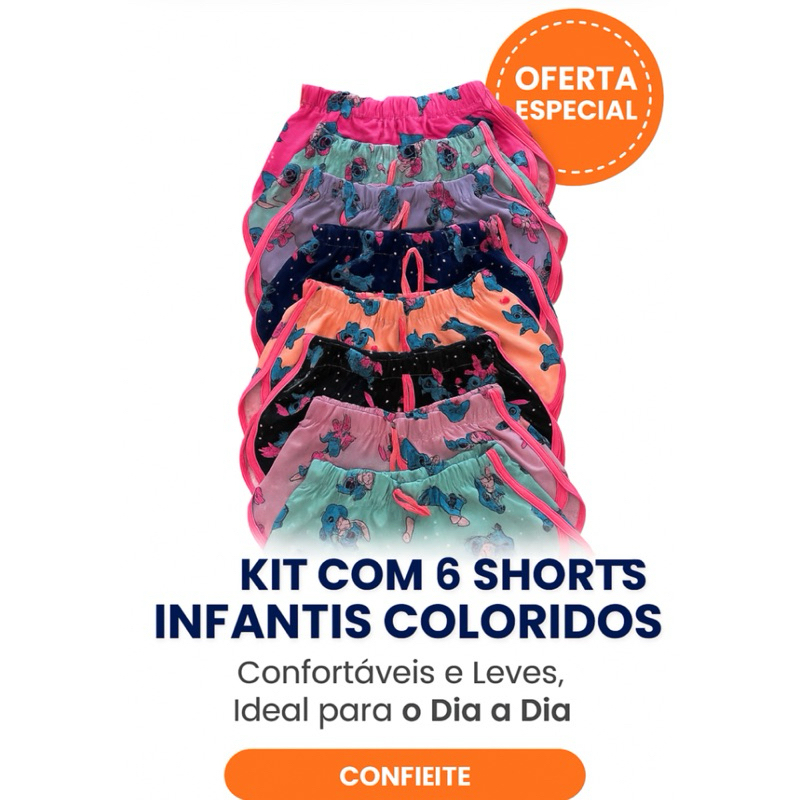 Kit 6 Shortinhos Confortavél Infantil – Kit 3 shorts bermuda estampa colorida