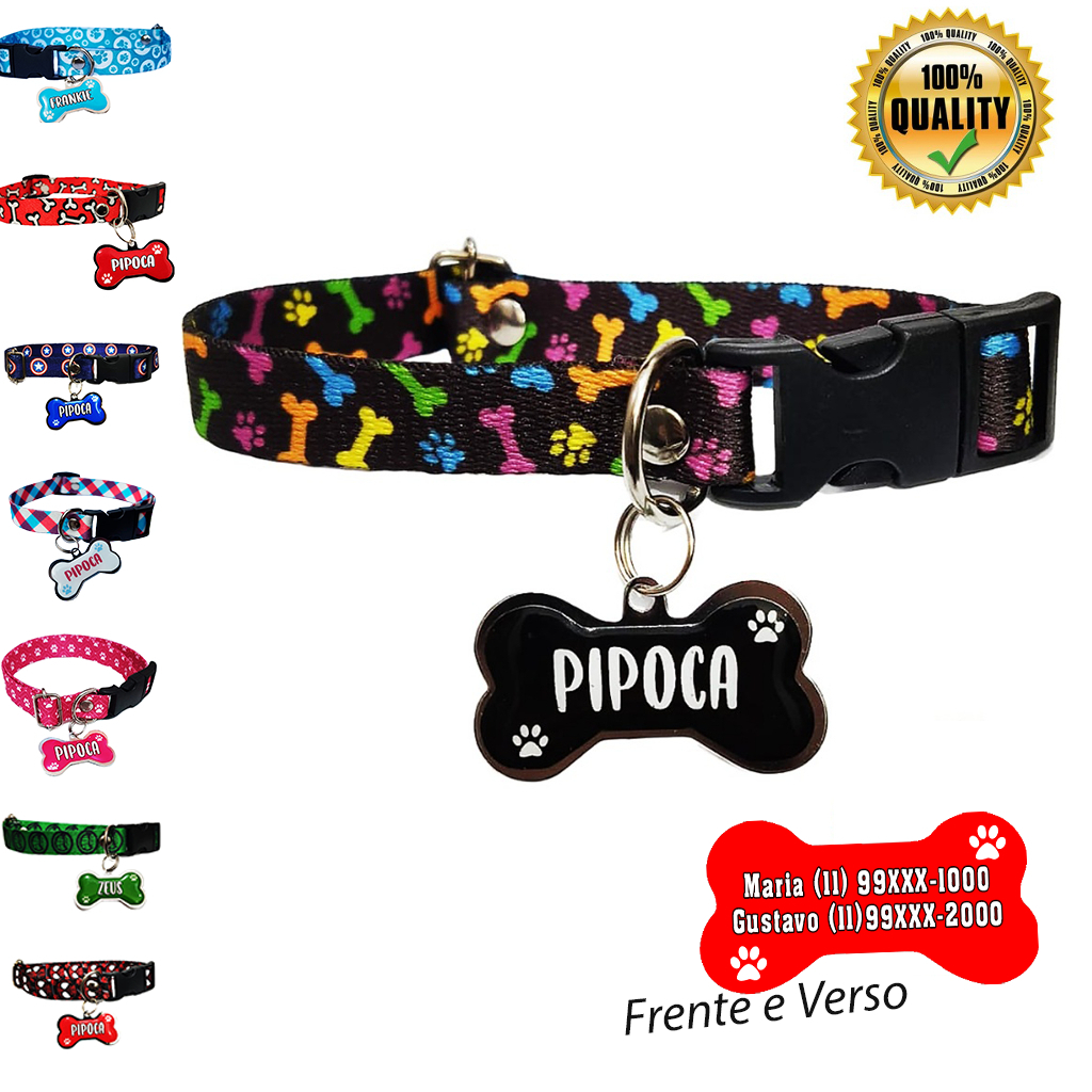 Kit Coleira Mais Plaquinha De Identificação Para Cachorro Com Nome Telefone Reforçada Premium Luxo