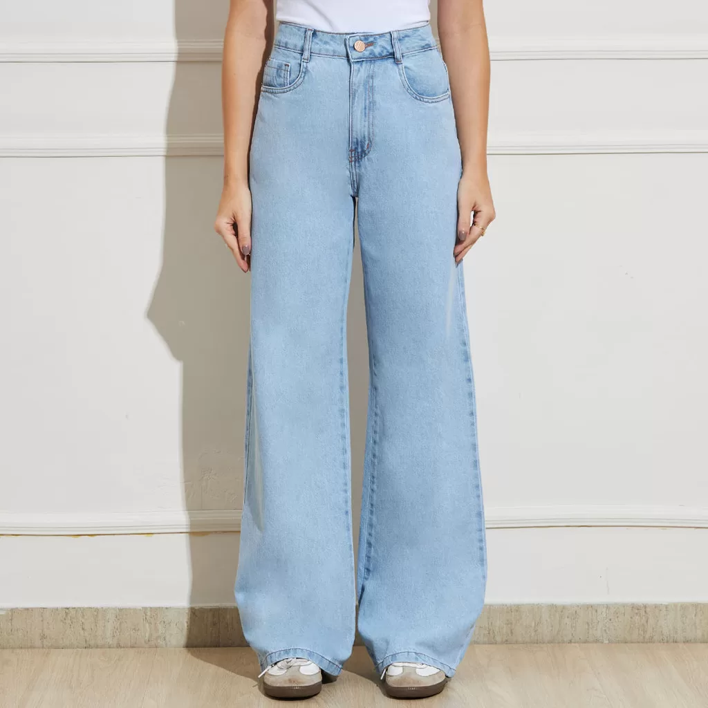 Calça Jeans Wide Leg Feminina Azul Claro