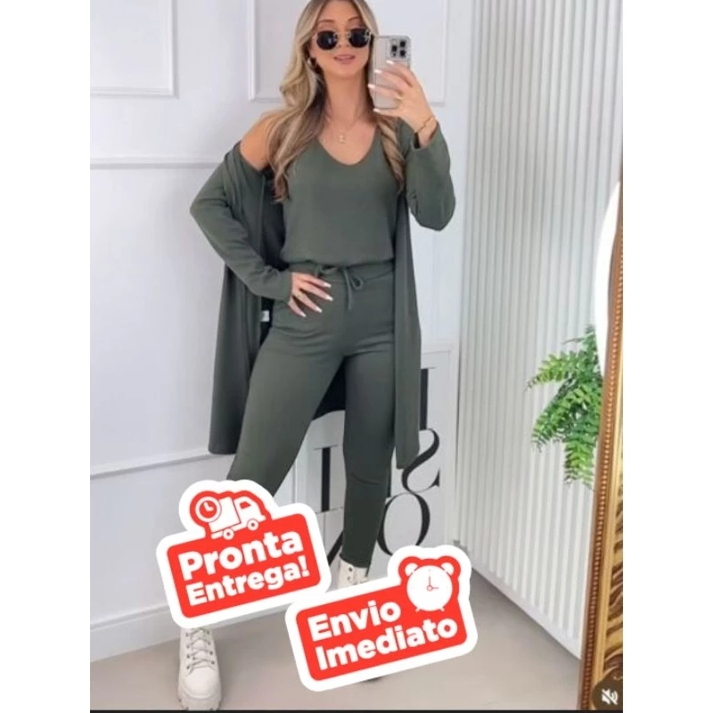 CONJUNTO FEMENINO LANZINHA 3 PEÇAS REGATA, CARDIGA E CALÇA