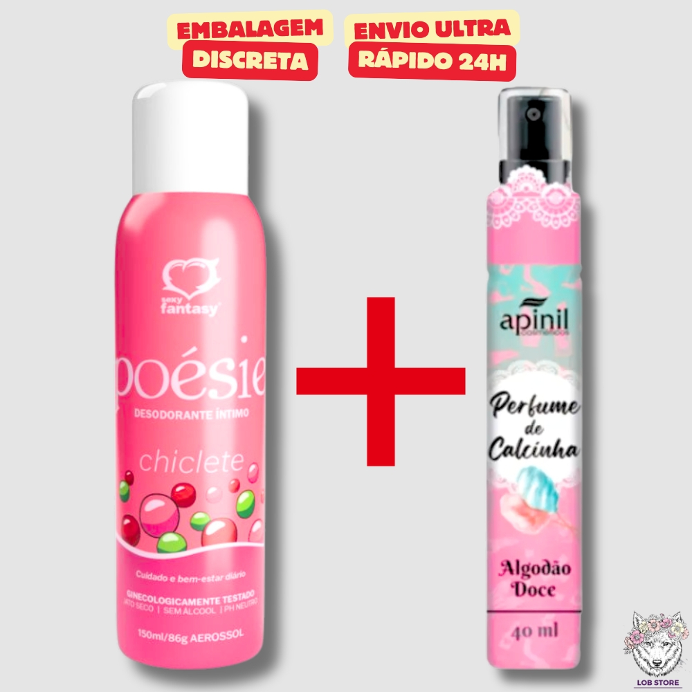 Kit Desodorante Íntimo Poésie Chiclete 150ml + Perfume de Calcinha Algodão Doce 40ml Apinil Sexy