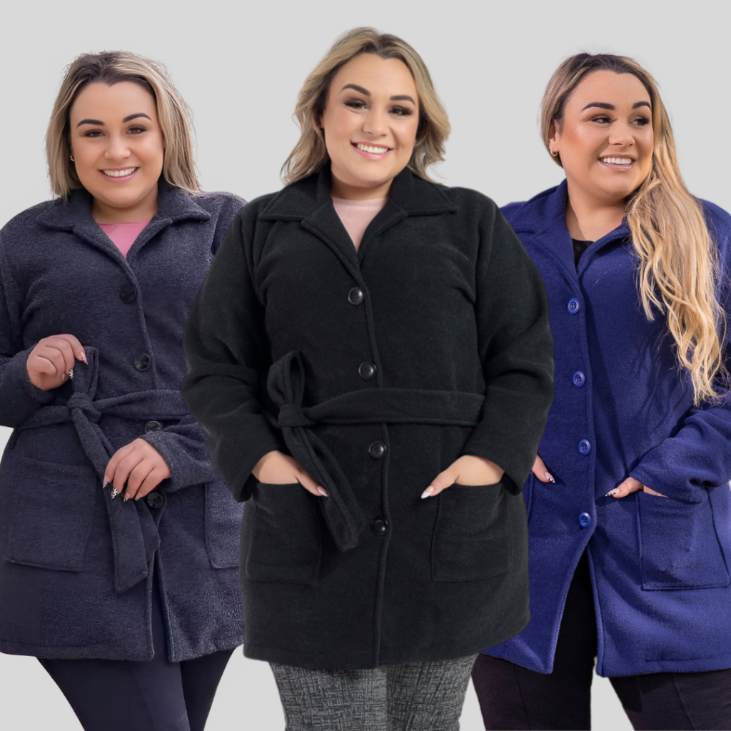 Casaco Plus Size Feminino Elegante Em Bouclé Peluciado Confortável Com Bolso