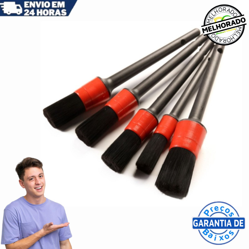 Kit Pincel Automotivo 5 Peças Nylon Premium Detalhamento | Limpeza sem Riscar 4 Tamanhos