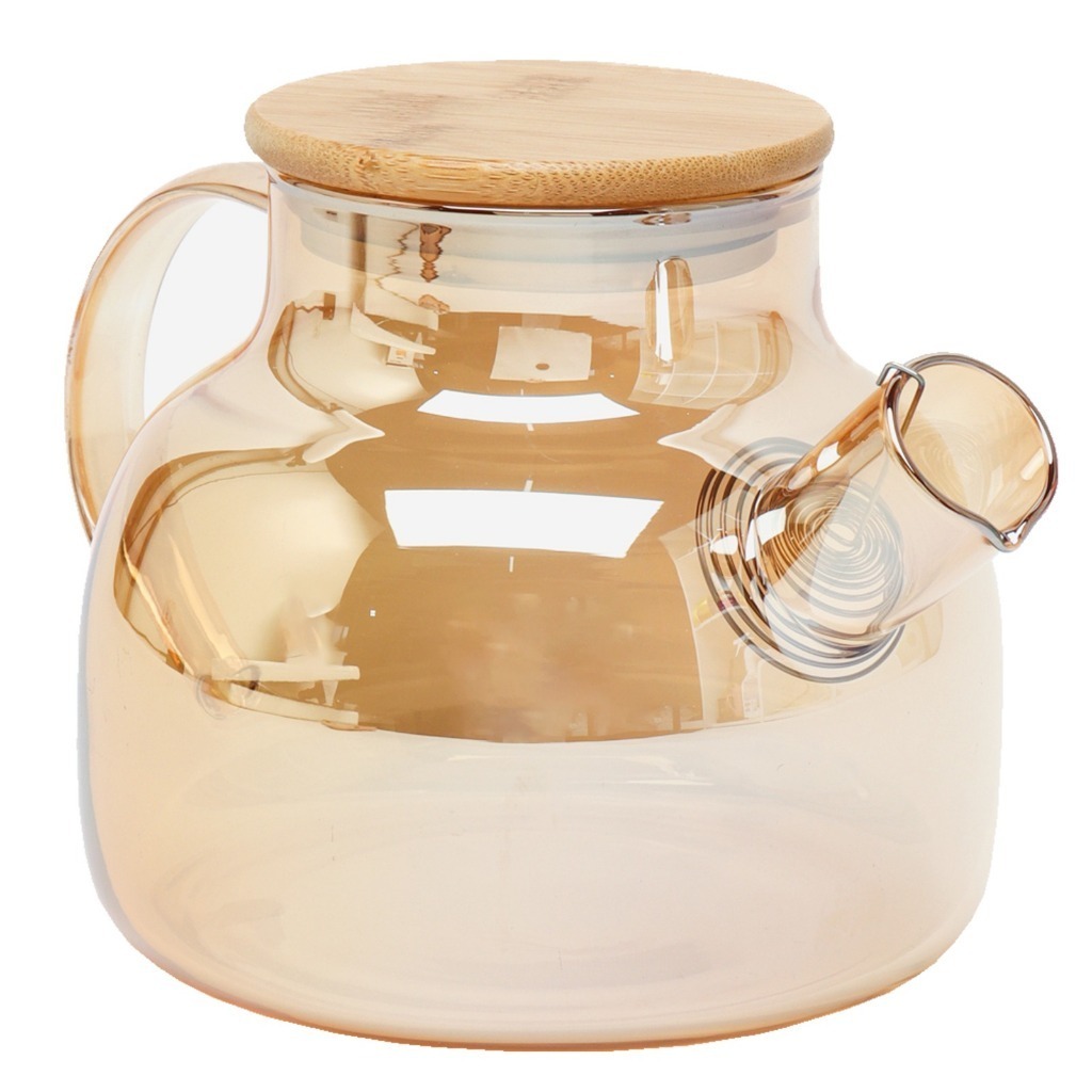 Chaleira de Vidro Borossilicato 1L com Infusor Tampa de Bambu Resistente ao Calor, para Café e Chá