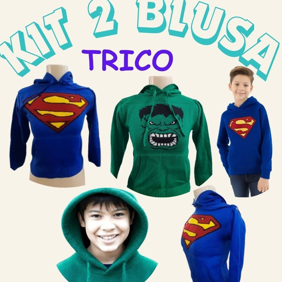 Kit 2 Blusas Infantil Tricô em Lã P/ Menino C/ Capuz Estiloso e Estampa Tricotada Tamanhos P ao GG
