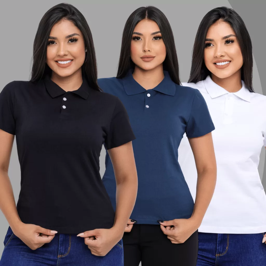 Kit 3 Polo Feminina Baby Look Básica para Uniforme ou Dia a Dia
