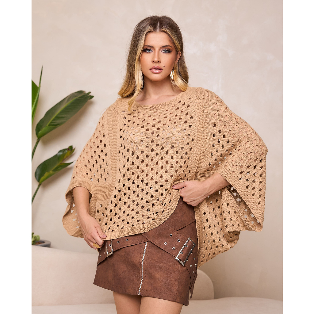 Blusa Poncho Feminina de Tricot Inverno | Crochê Peruano Vazado | Suéter Lã Gola Redonda Elegante