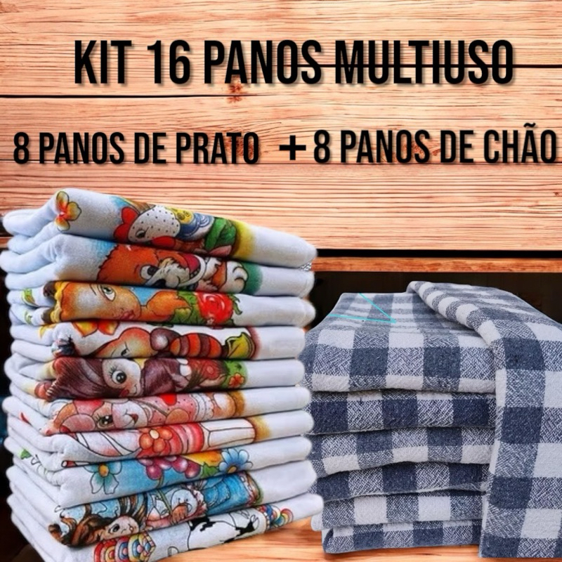 Kit 16 Panos Multiuso Sendo 8 Panos de Chão 65 x 40 e 8 Panos de Prato 100% Algodão 69 X 42 CM