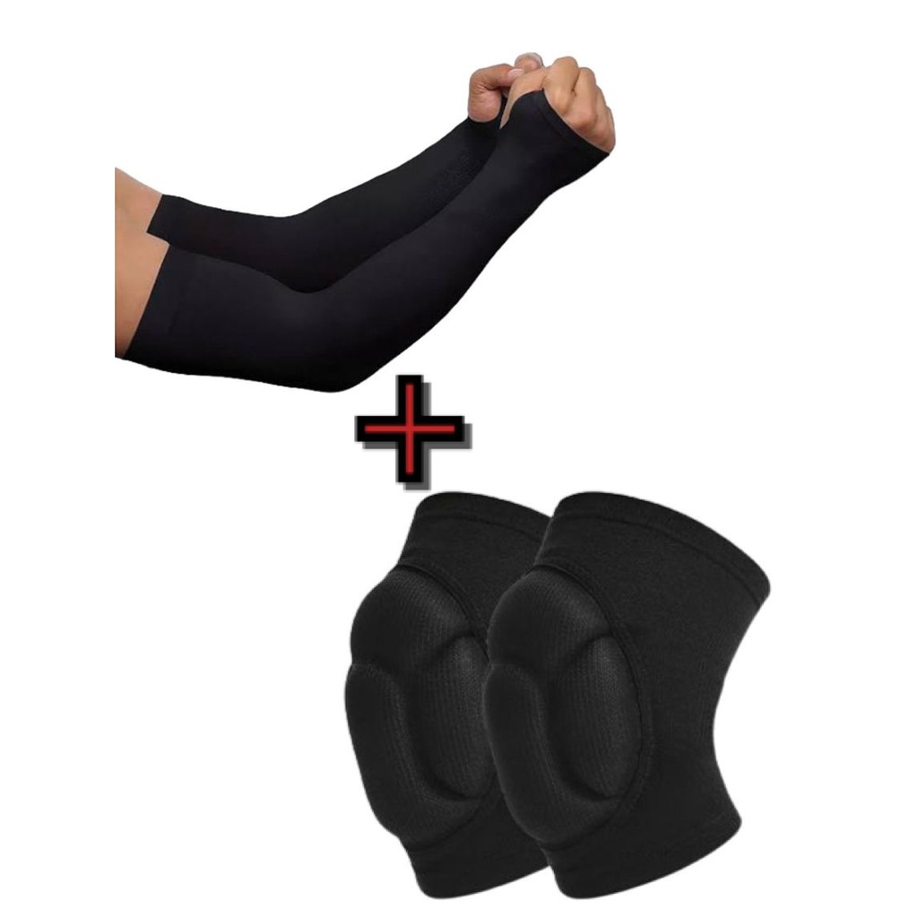 1 Par manguito longo protetor solar + 1 par joelheira acolchoada kit vôlei profissional