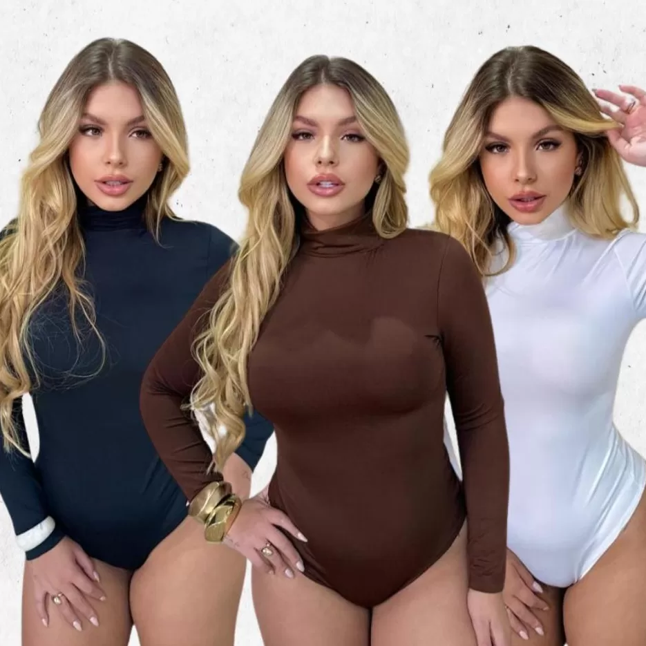 Body Feminino Gola Alta Manga Longa Suplex Inverno Frio Casual Elegante Moda Blogueira