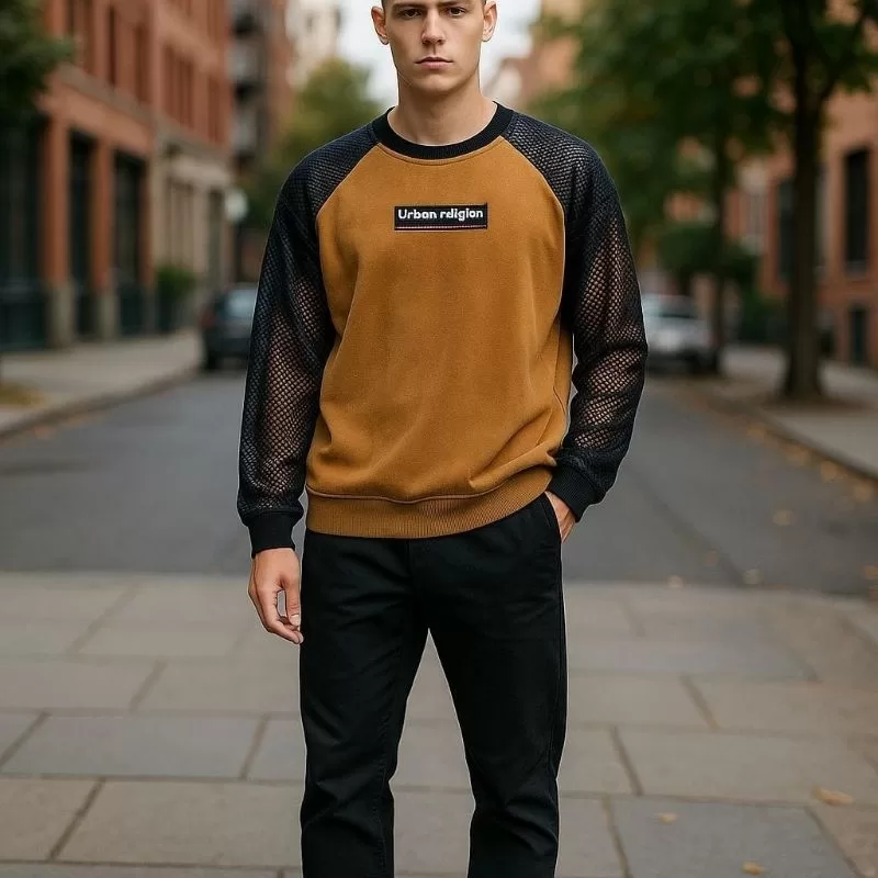 Camiseta Manga Longa de Malha Suede e Tela Arrastao Moda Masculina