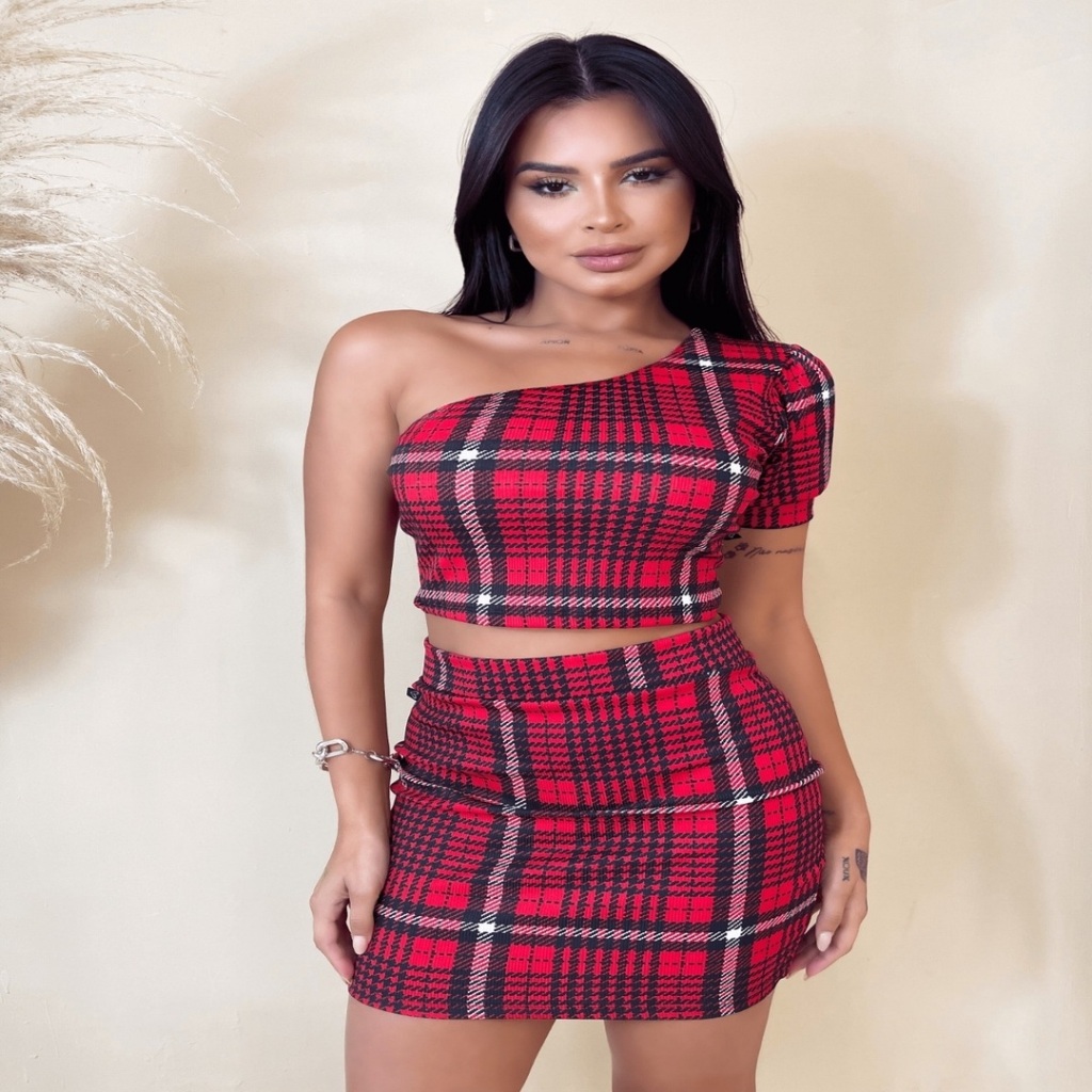 Conjunto Feminino Xadrez Croppred Junino Saia Midi Ribana Quadriculada Mini