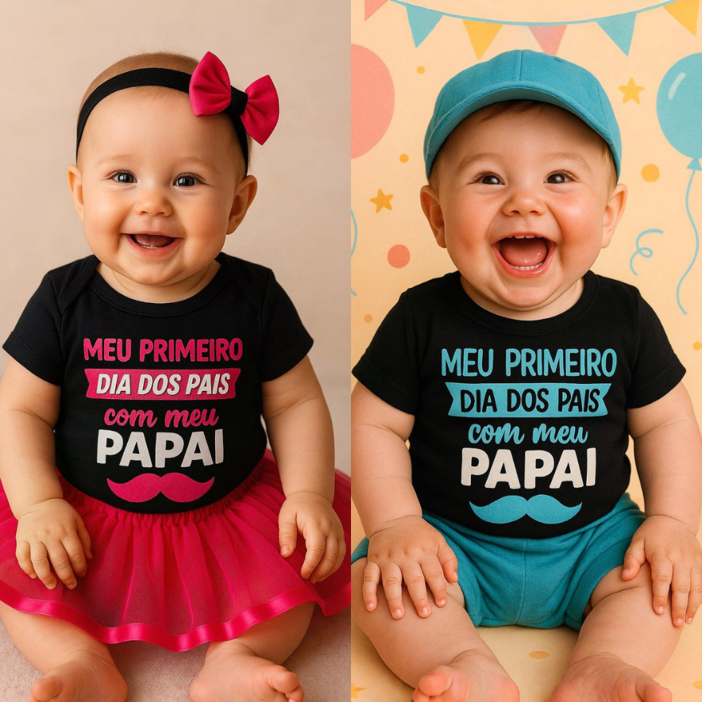Body Bebê Temático Mesversário Dia dos Pais Masculino e Feminino Kit 3 Peças 100% Algodão
