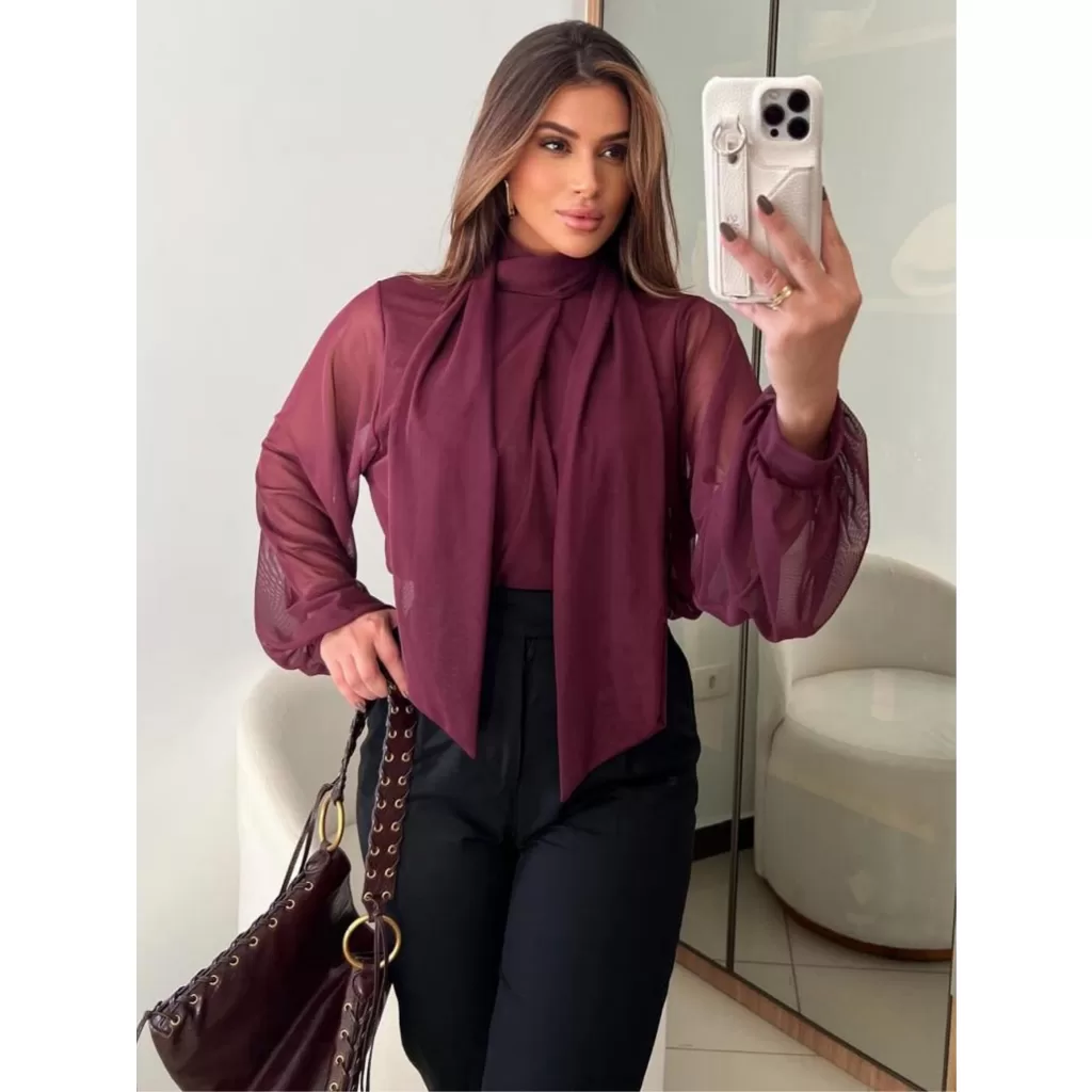 Blusa Social Feminina Elegante Manga Comprida Bufante Gola Laço Tule Casual