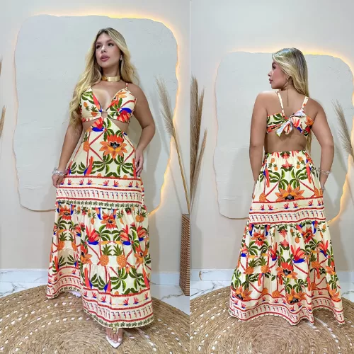 Vestido femenino Longo Estampado Moderno Decote Ar