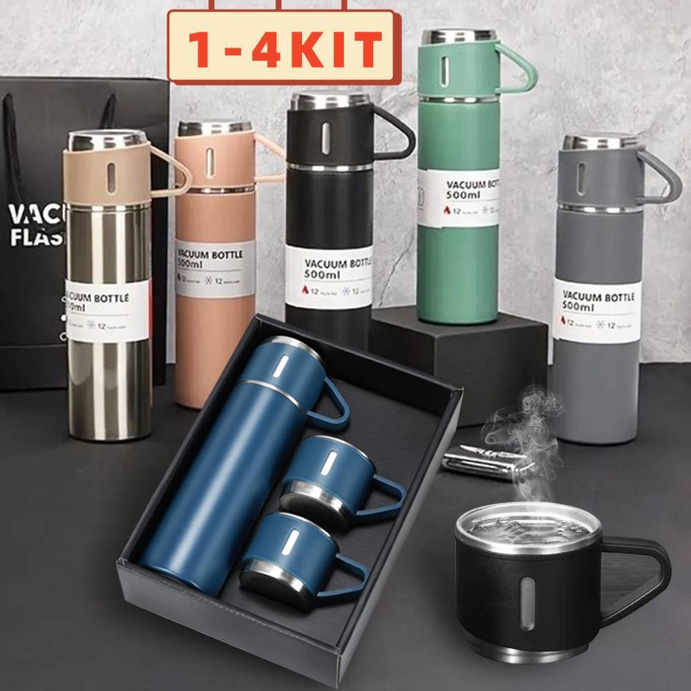 Kit Garrafa Térmica Vacuum Bottle Flask Set Inox 500ml com 3 Xícaras Mantém Bebidas Quentes e Frias
