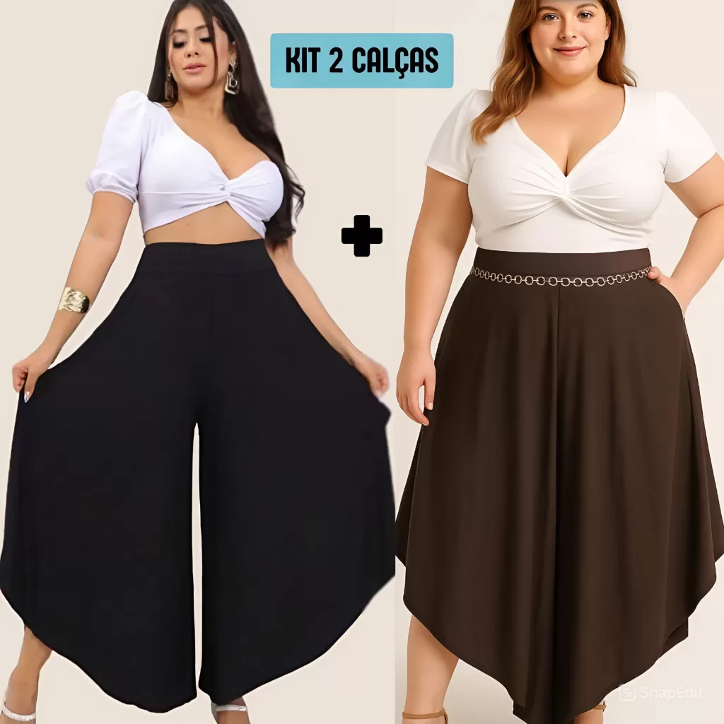 Kit 2 Calças Godê com Saia Envelope Plus Size Com Bolsos Cintura Alta Malha Viscolycra