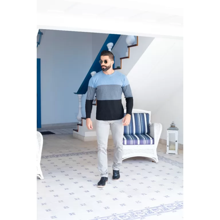 Suéter Masculino Tricot Listrado Gola Redonda Tra