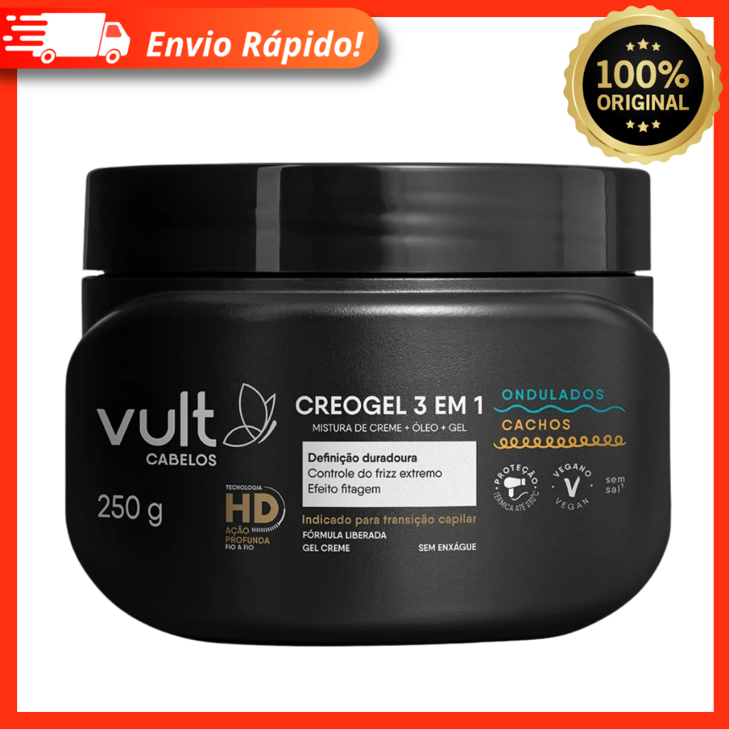 Gel Creme Ondulados Cacheados Creogel 3 Em 1 Vult 250g – Definição Duradoura, Efeito Fitagem