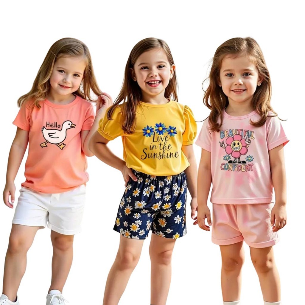 Kit C/6 Peças Camisetas + Shorts 3 Conjuntos Verão menina Infantil e Juvenil tamanho 01 ao 16